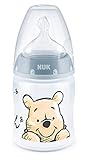 NUK First Choice+ - Biberón de Disney Winnieh the Pooh, 0 – 6 meses, Indicador de temperatura, 150 ml, Válvula anticólicos, Sin BPA, Tetina de silicona, Azul (10743946)