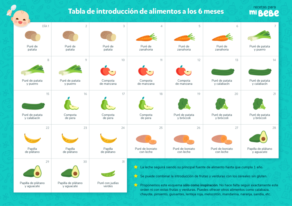 Tabla de introducción de alimentos a los 6 meses