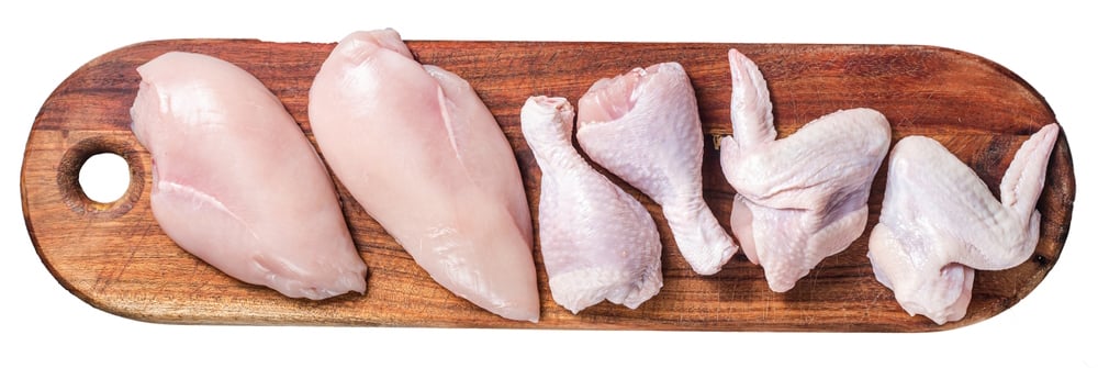 Variedad de piezas de pollo crudo: pechuga, muslos y alitas