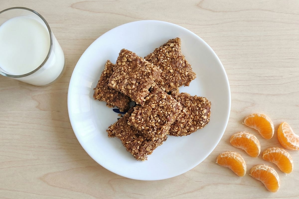 Desayuno para niños: vaso de leche, barritas de avena y mandarina
