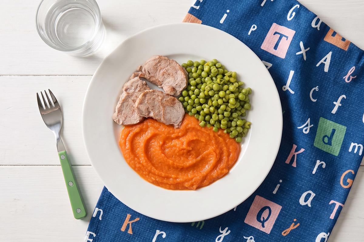 Plato Harvard para niños: solomillo de cerdo con guisantes y puré de zanahoria