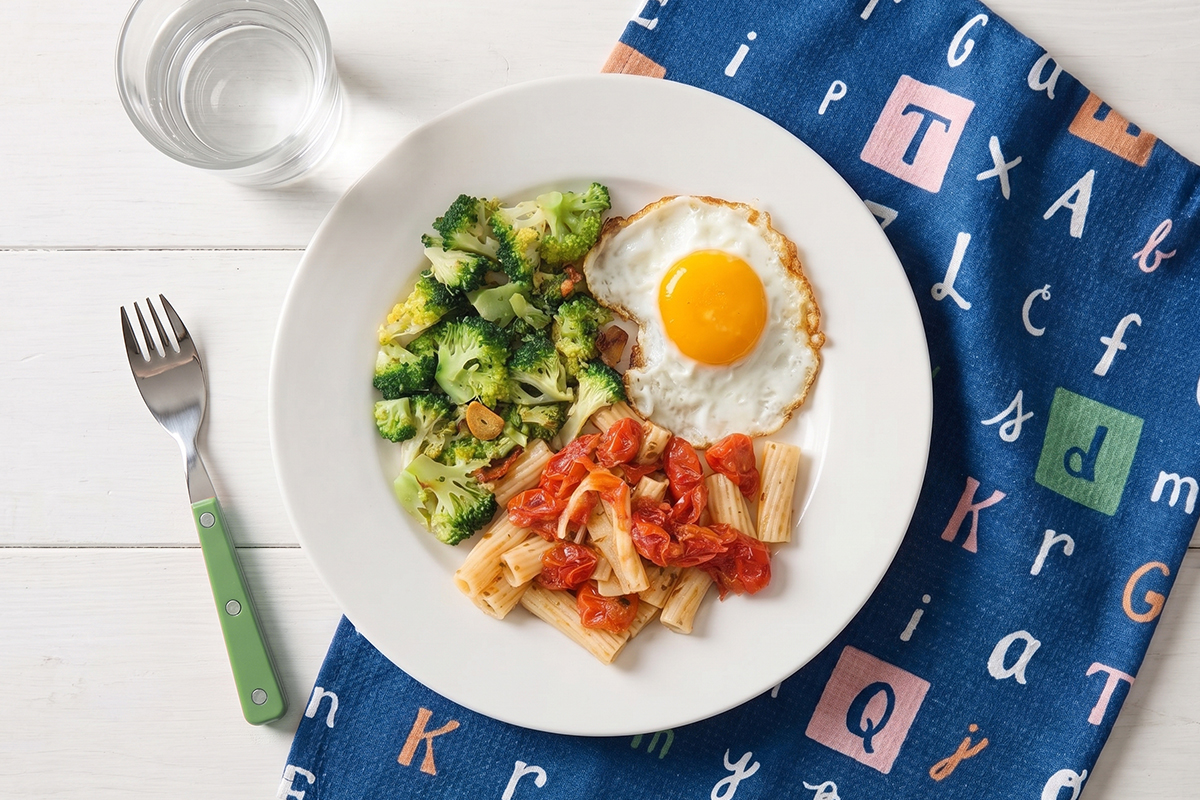 Plato Harvard para niños: huevo frito con pasta y brócoli salteado