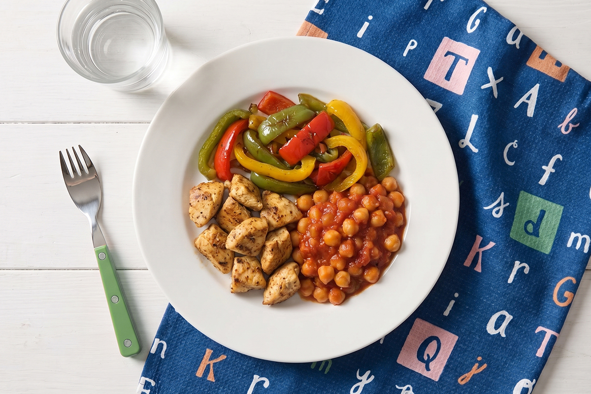 Plato Harvard para niños: pollo salteado con pimientos y garbanzos con tomate